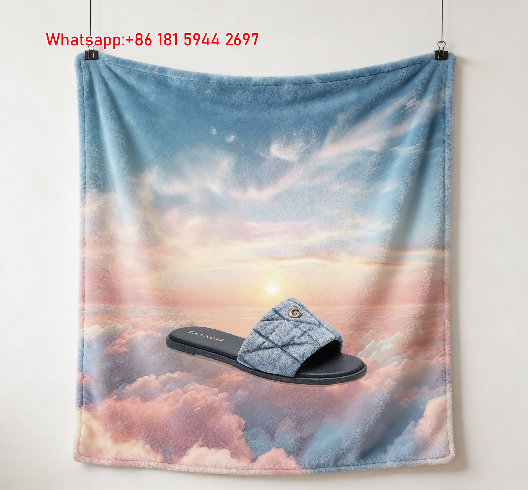 Coach Denim Slide Sandal Cloud Sky Flannel Throw Blanket for Sofa and Wall Decor C365